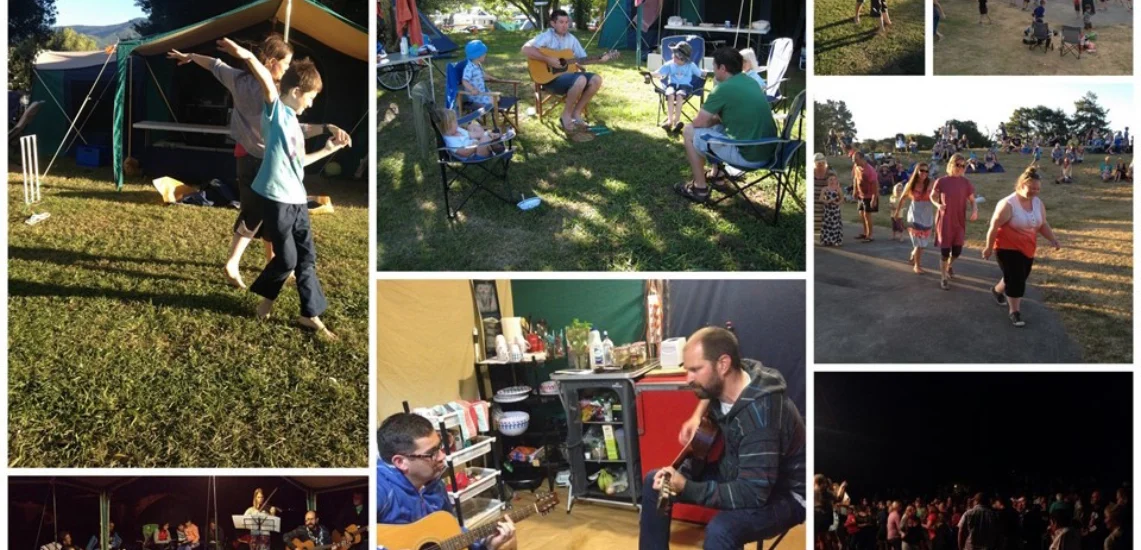 Liz Gregorys family enjoying lots of jamming and free entertainment at Tāhuna Beach Holiday Park.