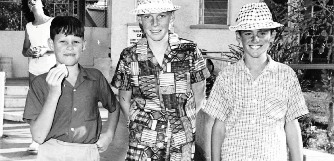 Steve Cassidy, Larry Brown, and Brent Norrie outside the camp shop in 1963.
