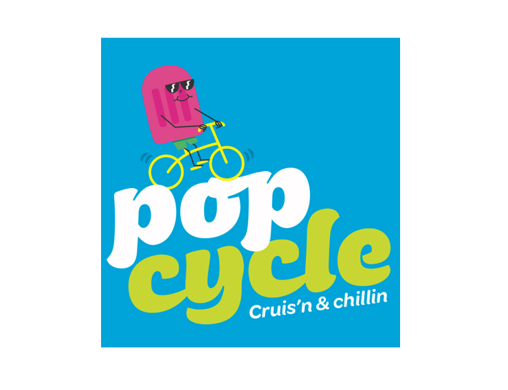 Popsicle riding a bike over the Pop Cycle logo