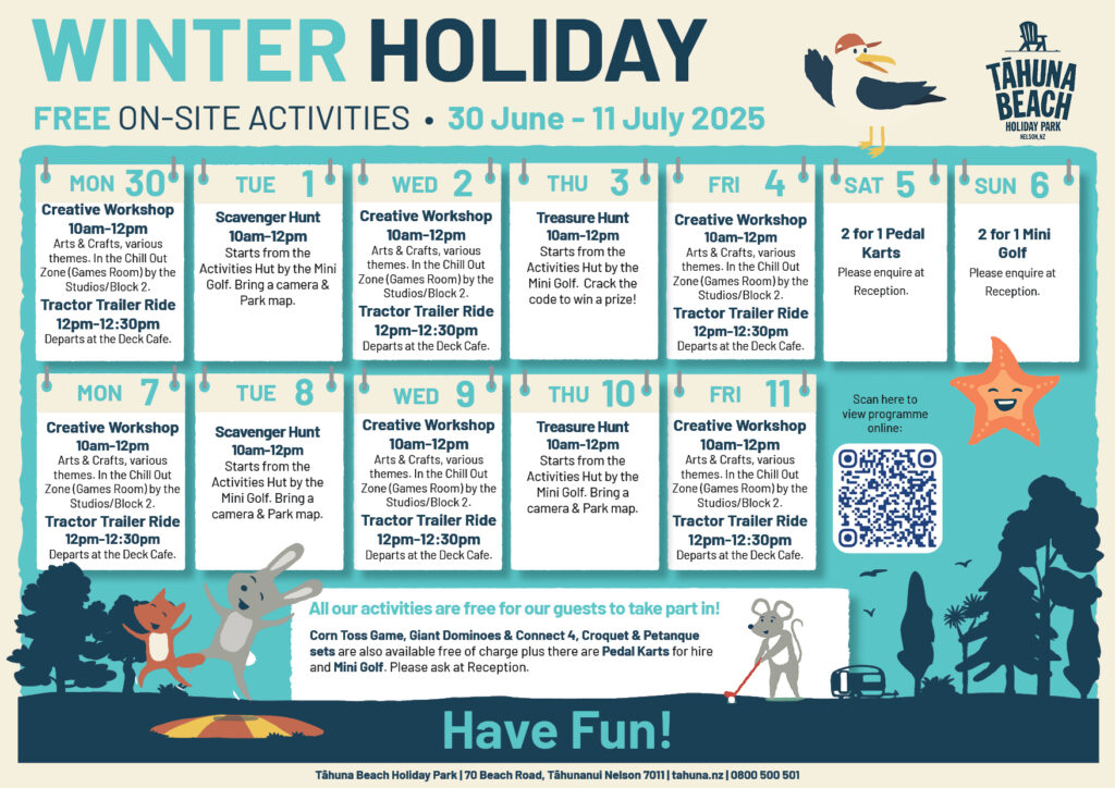 July 2025 School Holiday Programme, Tahuna Beach Holiday Park