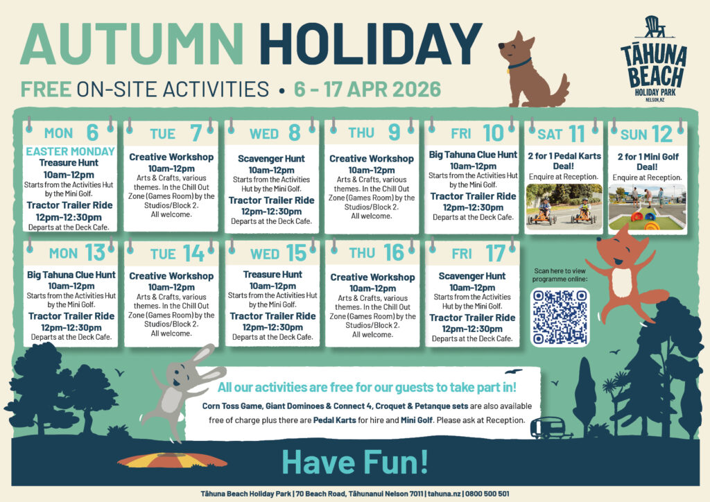 April 2026 School Holiday Programme, Tahuna Beach Holiday Park, Nelson, NZ